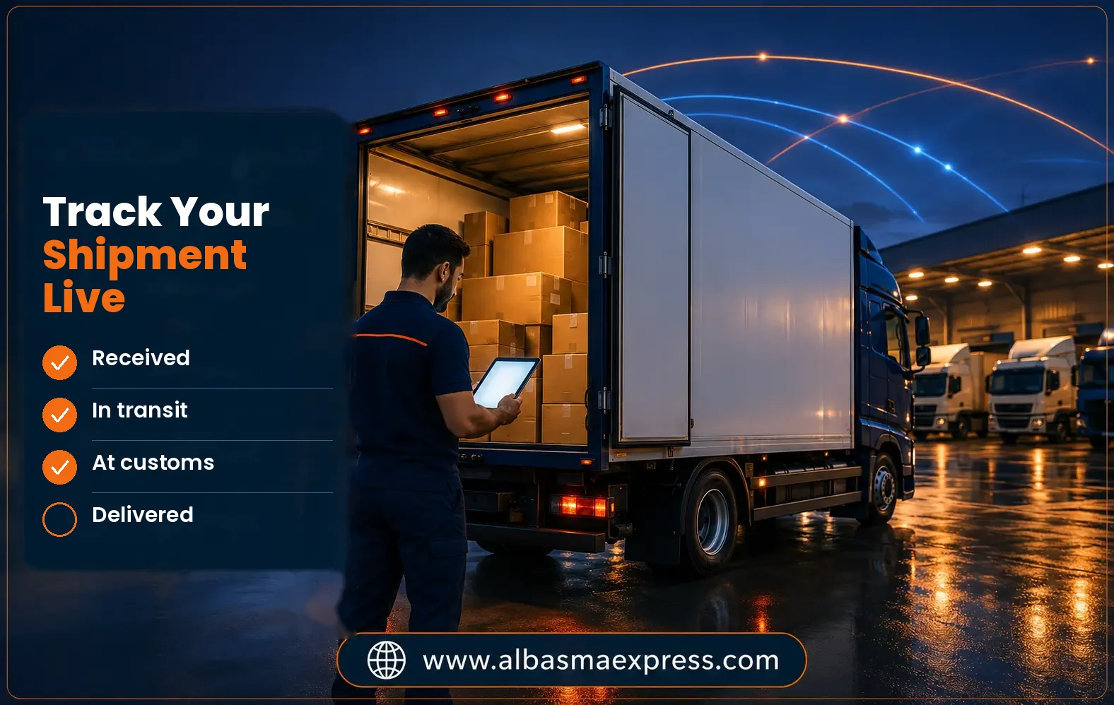 An Al Basma Express driver recording the shipment's status