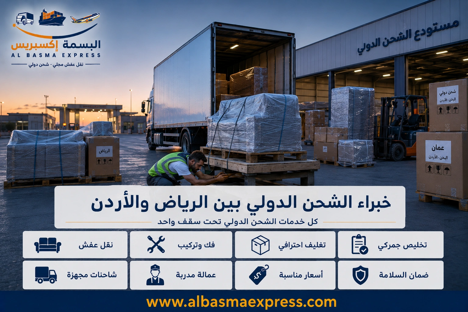 شحن ونقل عفش من الرياض إلى الأردن: 0553923364 رحلة واحدة تكفي لنقل بيتك كله