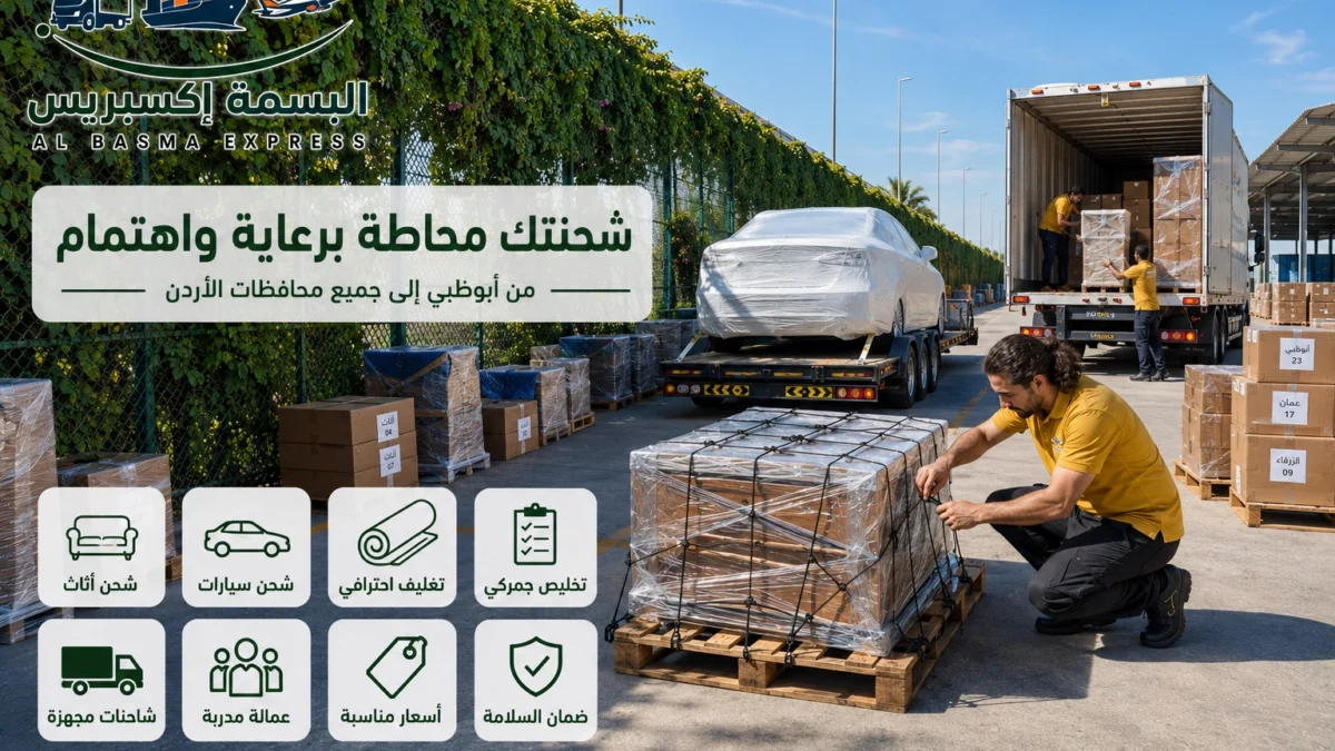نقل الأثاث والسيارات من أبوظبي إلى الأردن الأسعار والمدة وخيارات الشحن