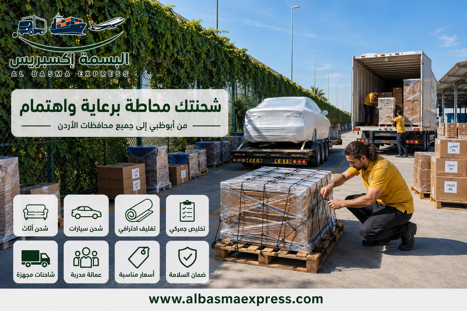 نقل الأثاث والسيارات من أبوظبي إلى الأردن: 0557643821 الأسعار والمدة وخيارات الشحن