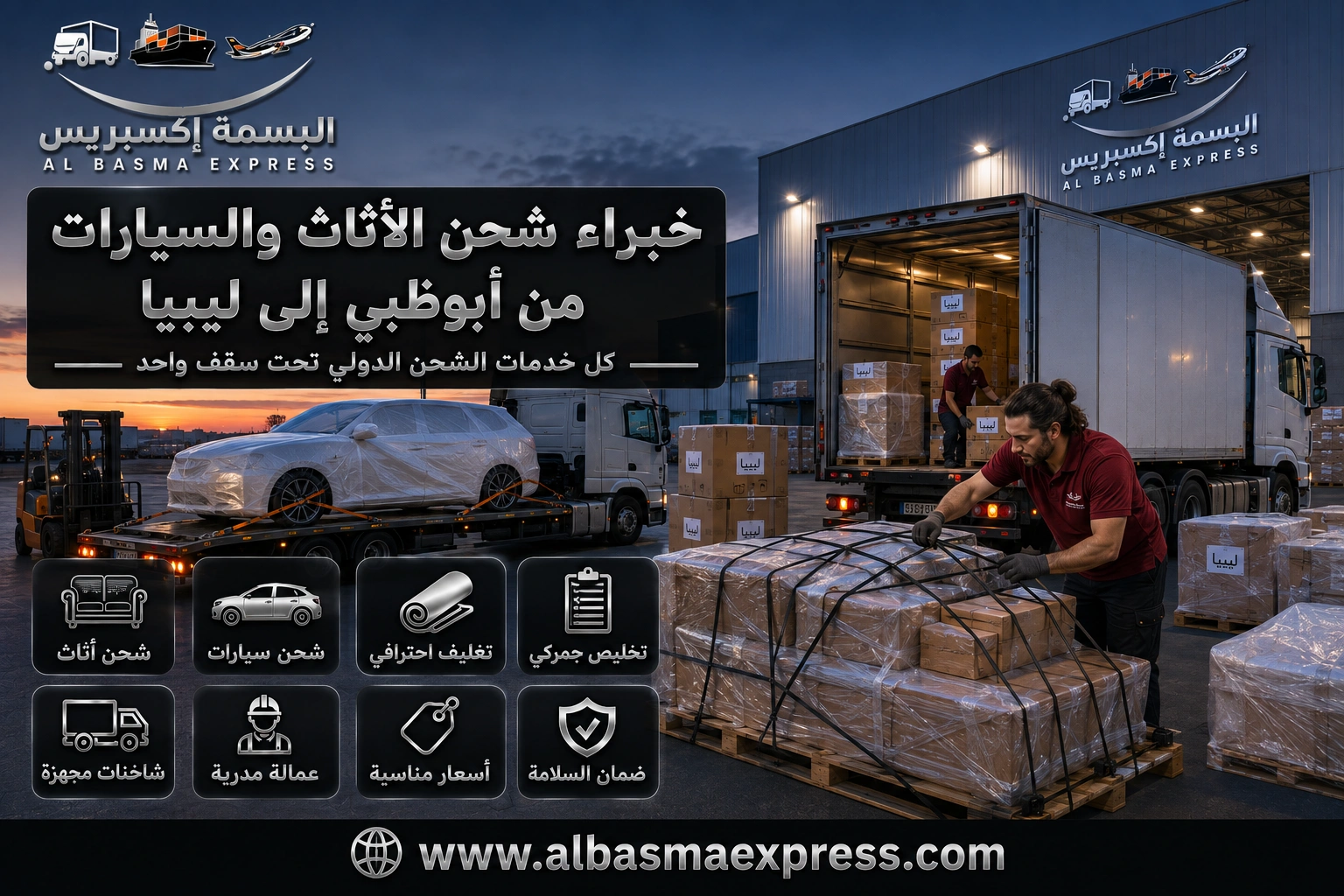 شحن أثاث وسيارات من أبوظبي إلى ليبيا | 0557643821 حلول نقل حتى طرابلس وبنغازي
