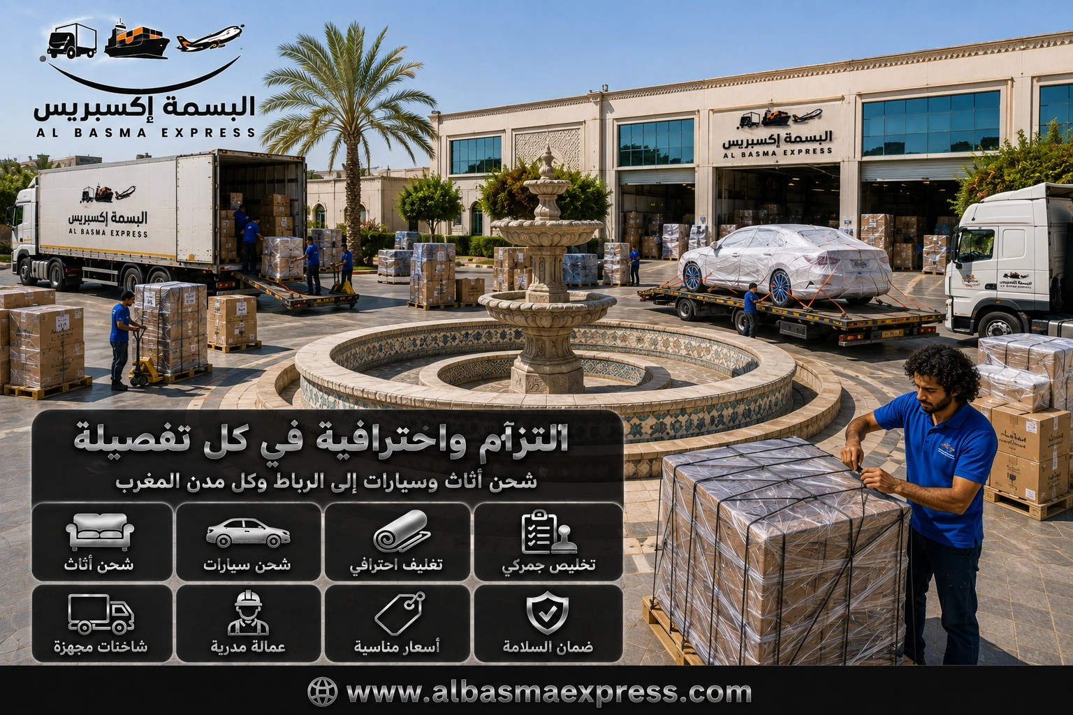 نقل الأثاث والسيارات من أبوظبي إلى المغرب | 0557643821 شحن بحري وتوصيل إلى مدن المملكة