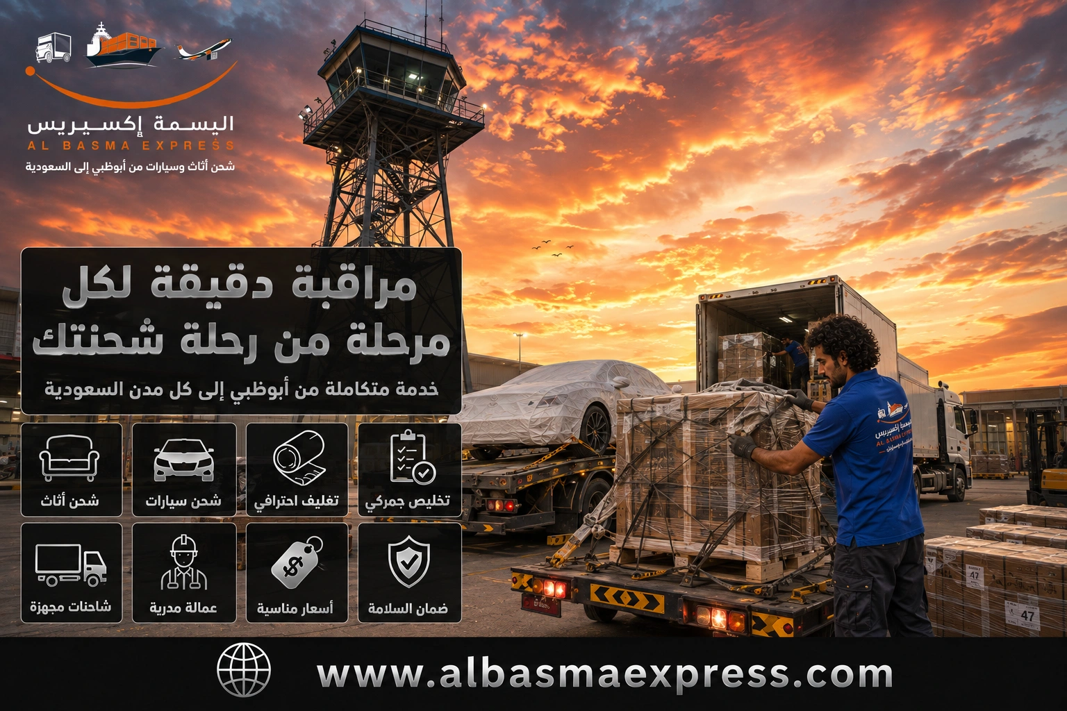 شحن الأثاث والسيارات من أبوظبي إلى السعودية: 0557643821 الأسعار والمدة والنقل البري