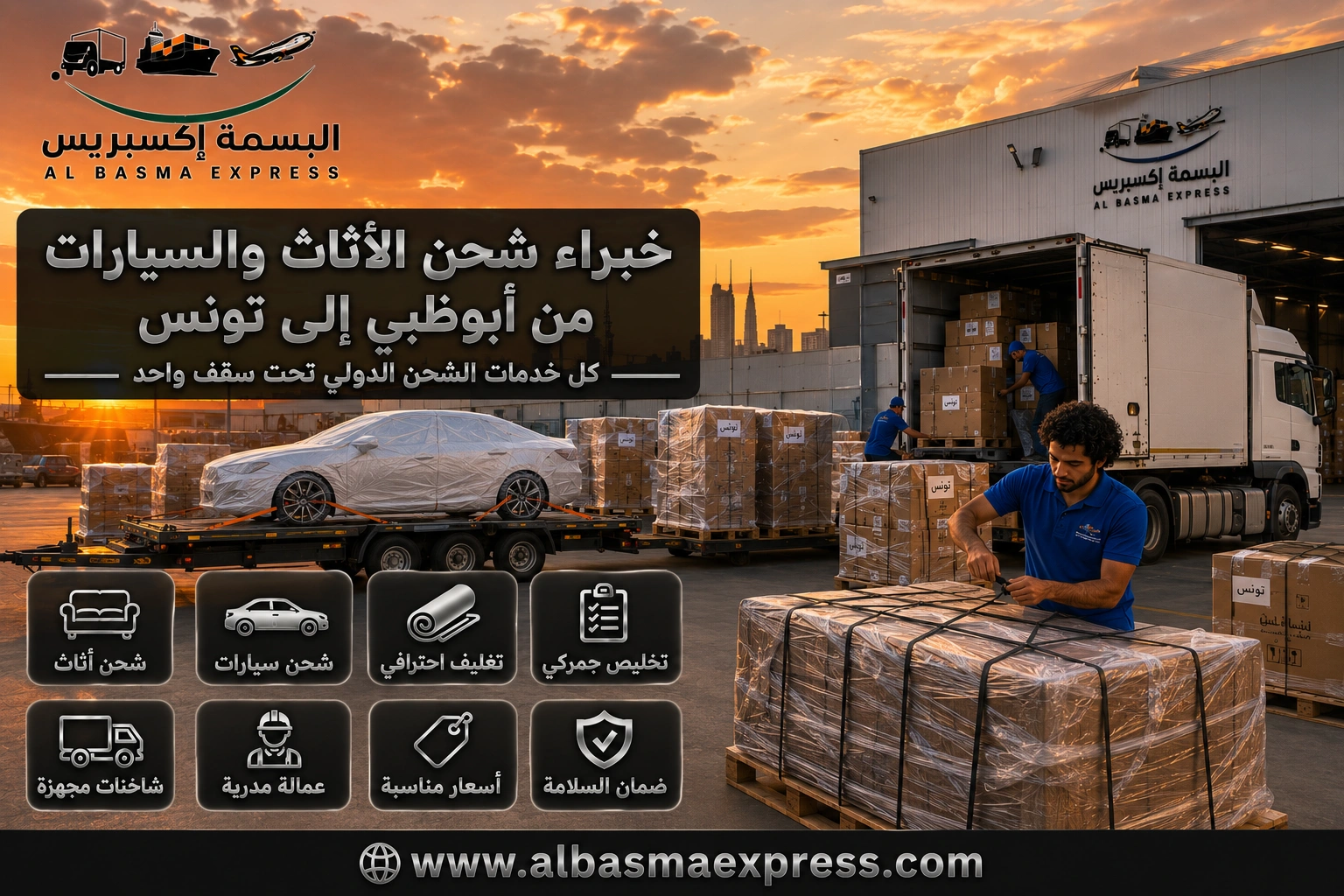 شحن أثاث وسيارات من أبوظبي إلى تونس | 0557643821 من التجهيز حتى التسليم