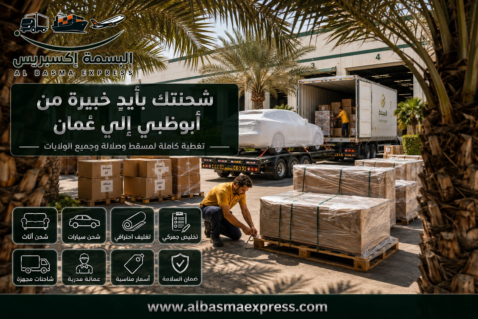 شحن الأثاث والسيارات من أبوظبي إلى عُمان: 0557643821 الأسعار والنقل البري