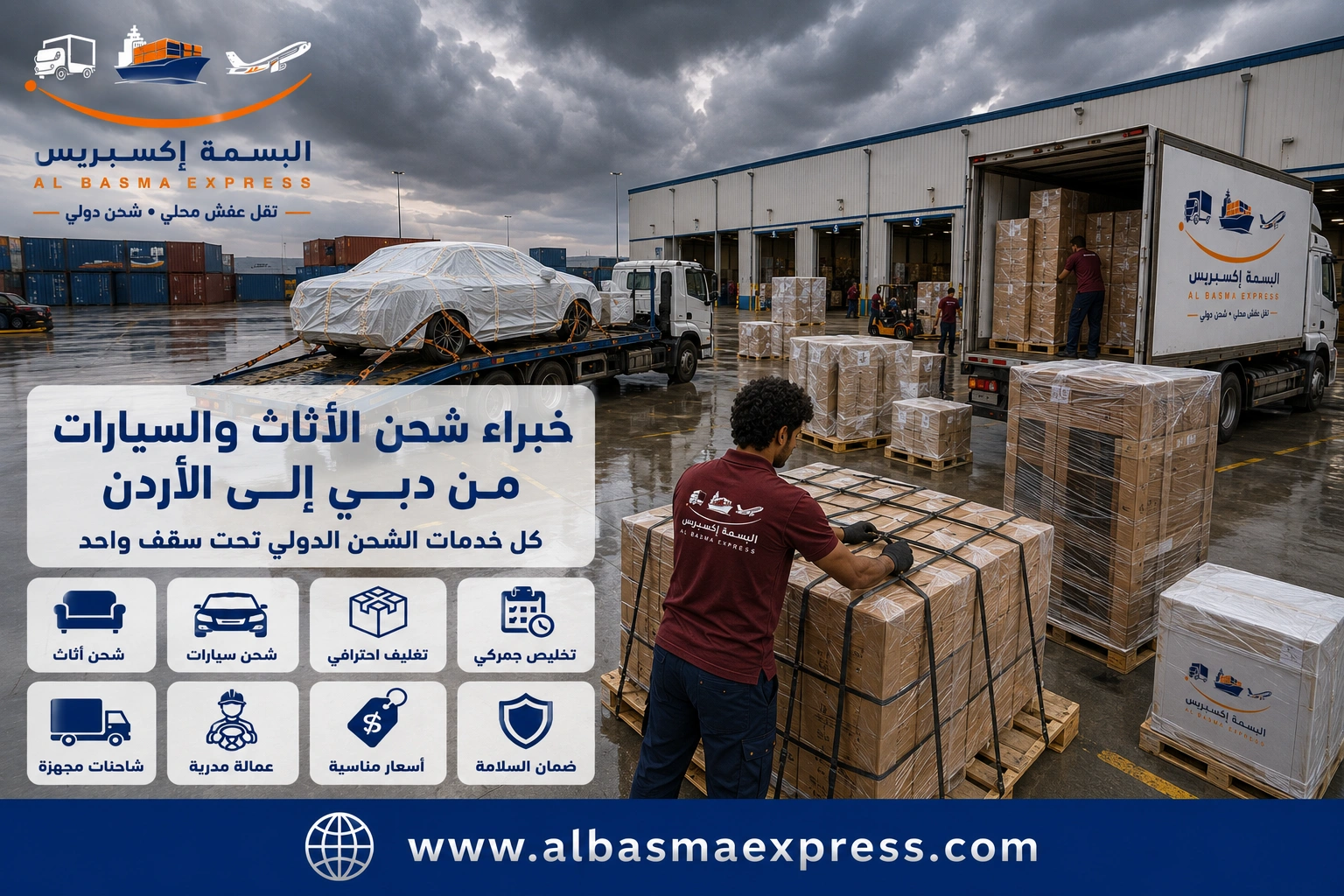 شركة شحن أثاث وسيارات من دبي للأردن | 0557643821 طرق الشحن والتكلفة