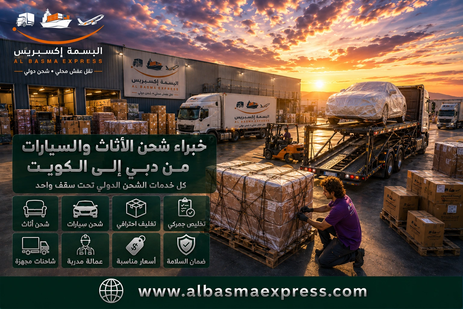 شركة شحن أثاث وسيارات من دبي للكويت: 0557643821 الأسعار والمدة وخيارات النقل