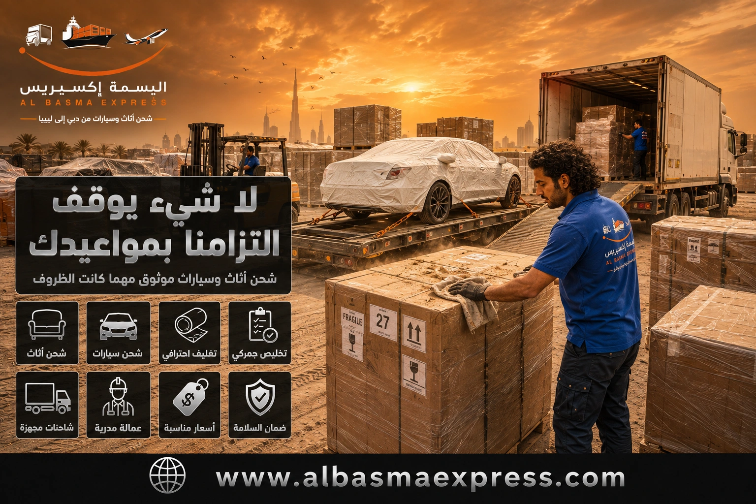 شحن الأثاث والسيارات من دبي إلى ليبيا: 0557643821 الأسعار وطرق الشحن والتوصيل