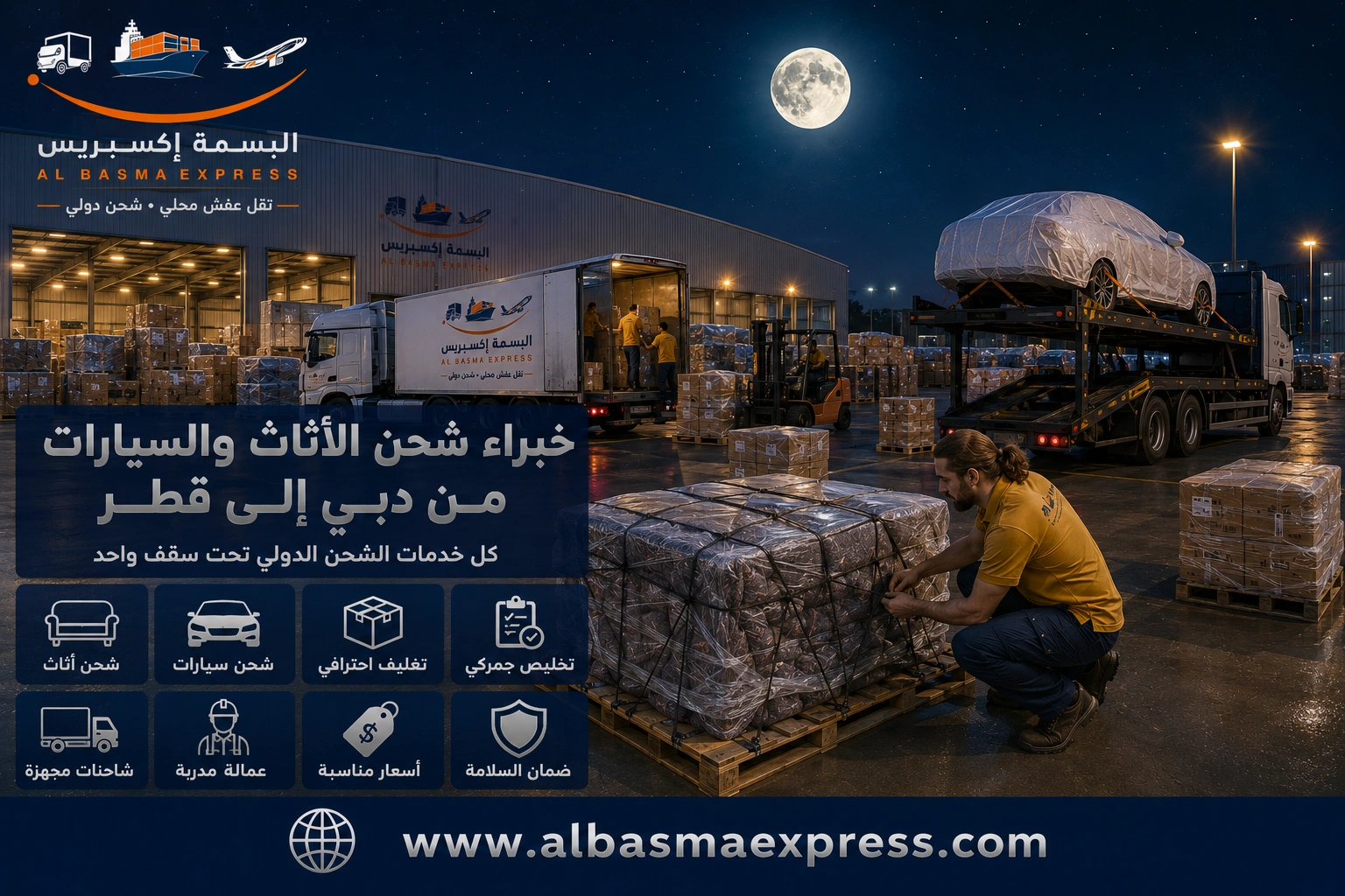 شركة شحن أثاث وسيارات من دبي لقطر: 0557643821 الأسعار ومدة الشحن البري