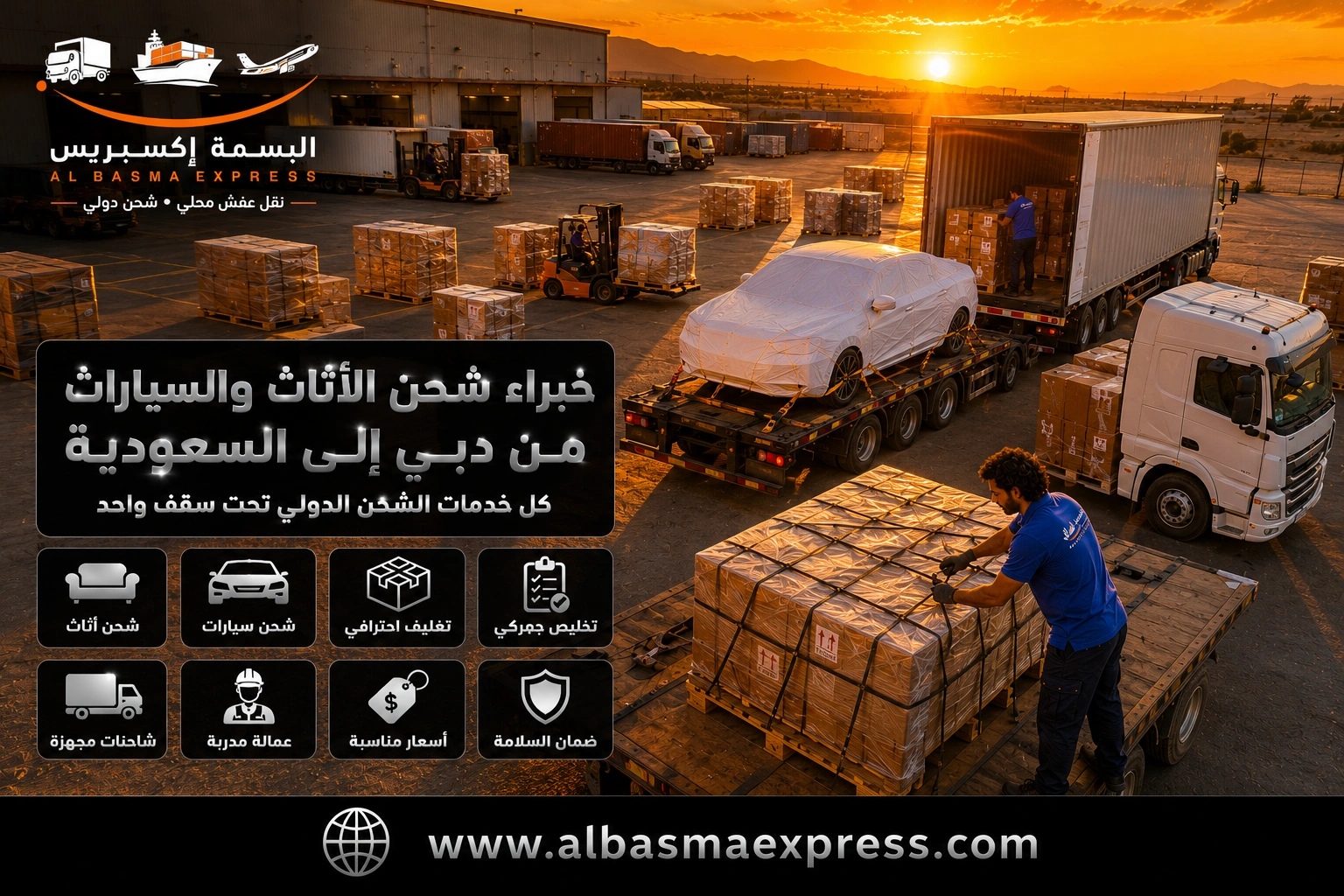 شركة شحن أثاث وسيارات من دبي للسعودية: 0557643821 الأسعار والمدة وخطوات الشحن البري