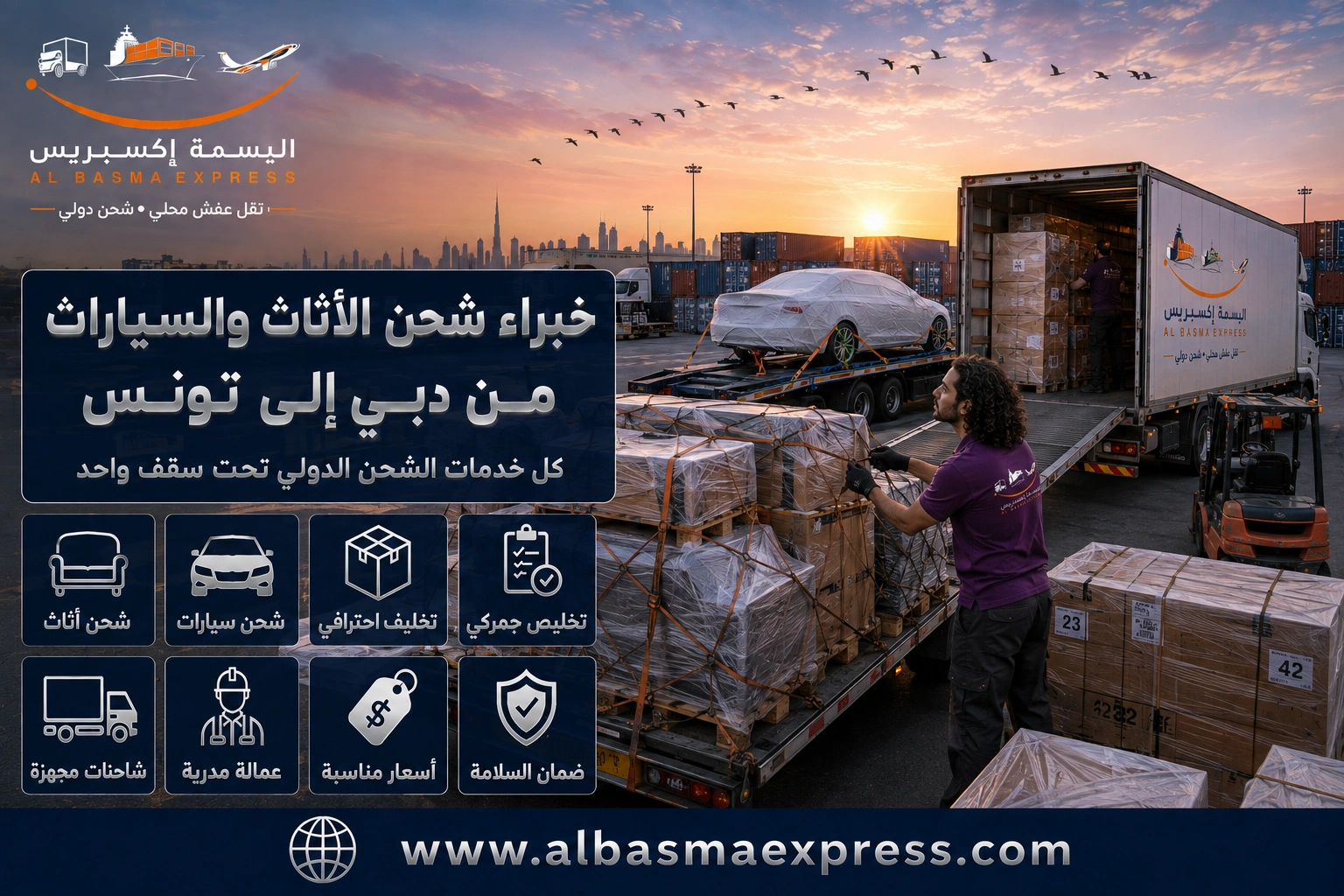 شركة شحن أثاث وسيارات من دبي لتونس | 0557643821 الحاويات وطرق الشحن