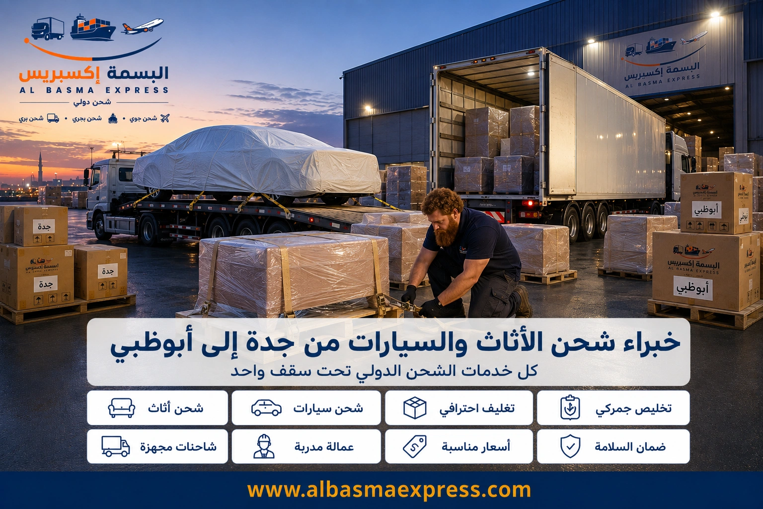 شحن أثاث وسيارات من جدة إلى أبوظبي: 0553923364 طريقك الآمن لنقل ممتلكاتك بالكامل
