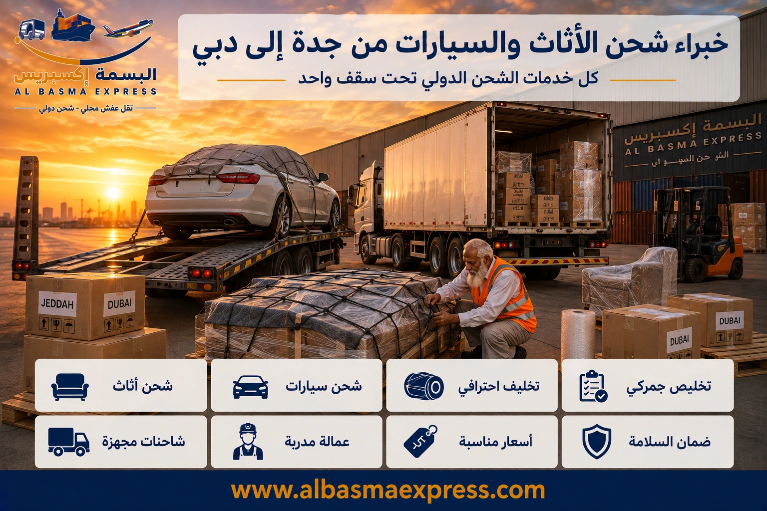 شحن أثاث وسيارات من جدة إلى دبي: 0553923364 طريقك الآمن لنقل ممتلكاتك بالكامل