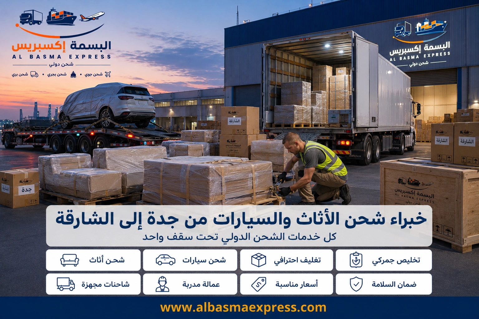 شحن أثاث وسيارات من جدة إلى الشارقة: 0553923364 أسهل طريقة لنقل ممتلكاتك بأمان