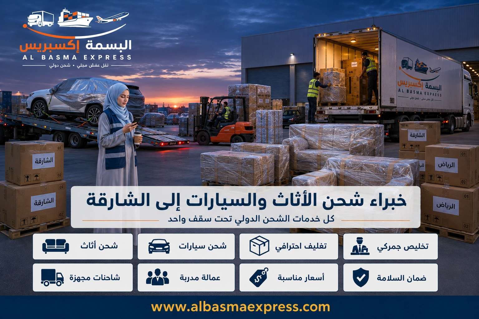 شحن أثاث وسيارات من الرياض إلى الشارقة: 0553923364 وجهتك الجديدة بأمان تام