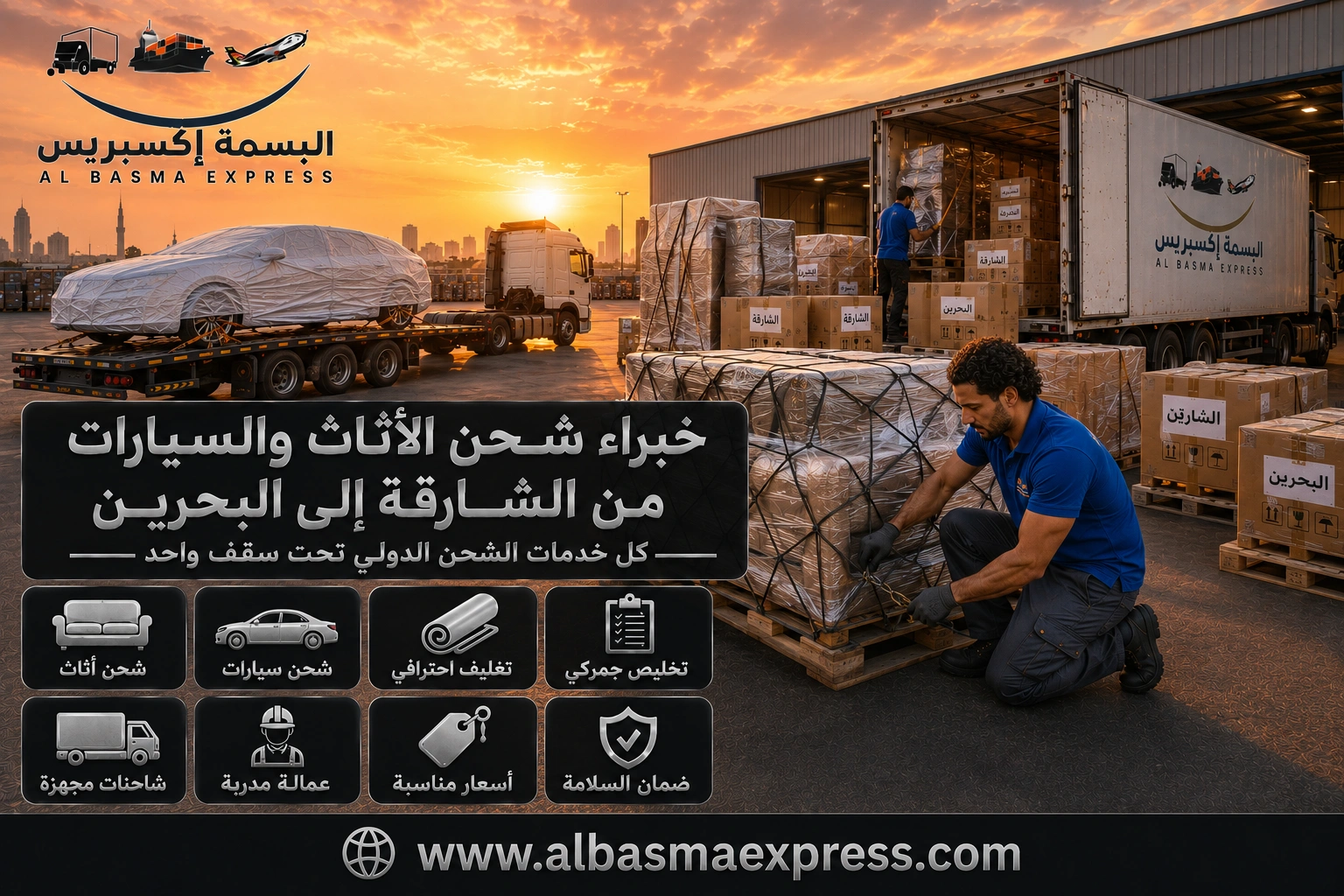 شحن أثاث وسيارات من الشارقة إلى البحرين | 0557643821 نقل منظم حتى باب المنزل