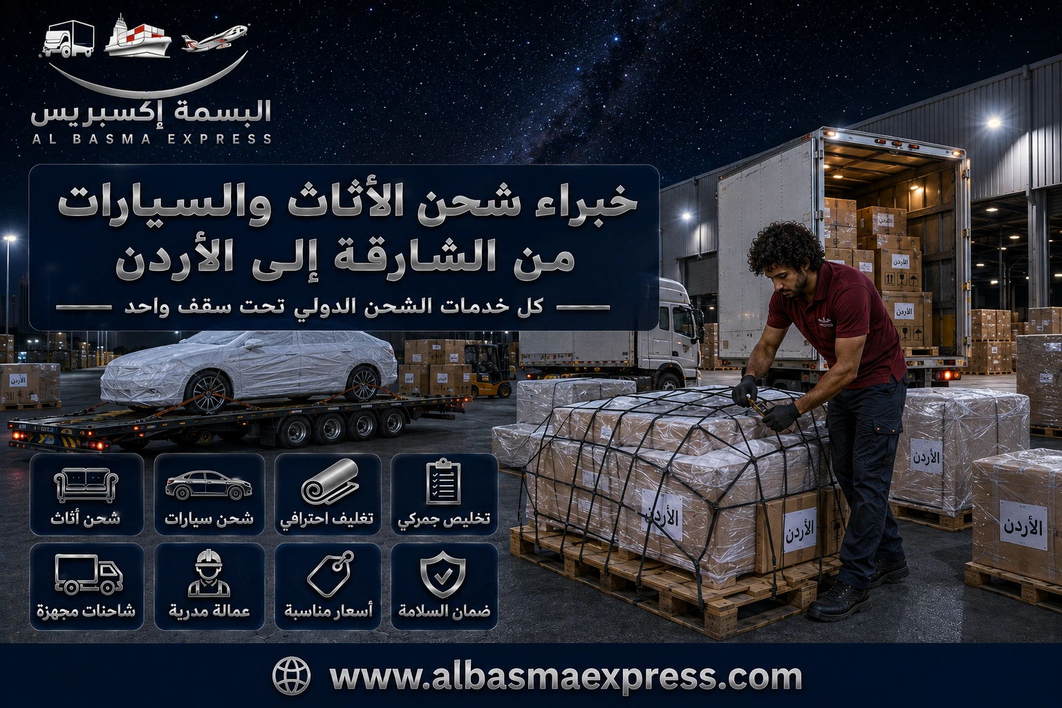 شحن أثاث وسيارات من الشارقة إلى الأردن | 0557643821 نقل بري متكامل حتى مدينتك