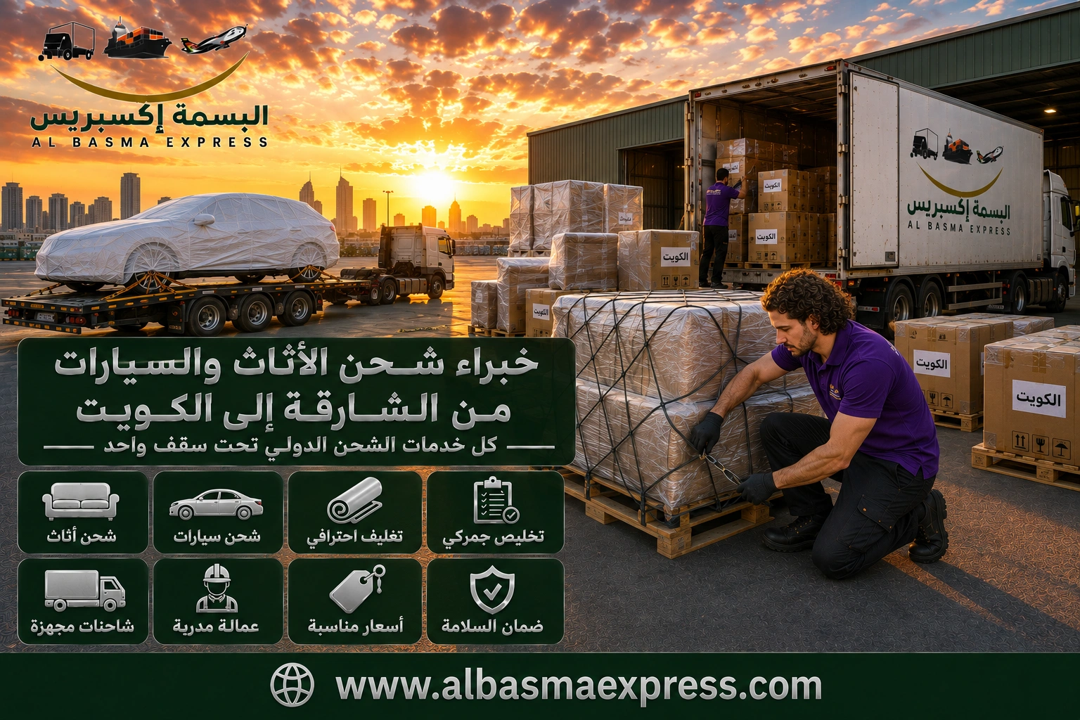 شحن أثاث وسيارات من الشارقة إلى الكويت | 0557643821 خدمة متكاملة من الاستلام حتى التسليم