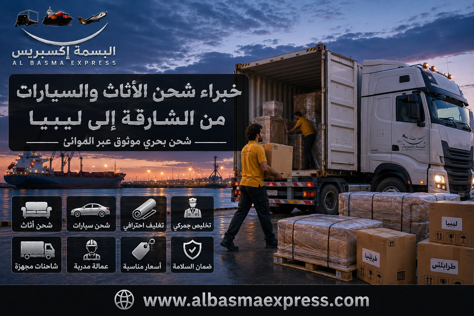 من الشارقة إلى ليبيا: 0557643821 شحن الأثاث والسيارات بخطة محسوبة حتى مدينة التسليم