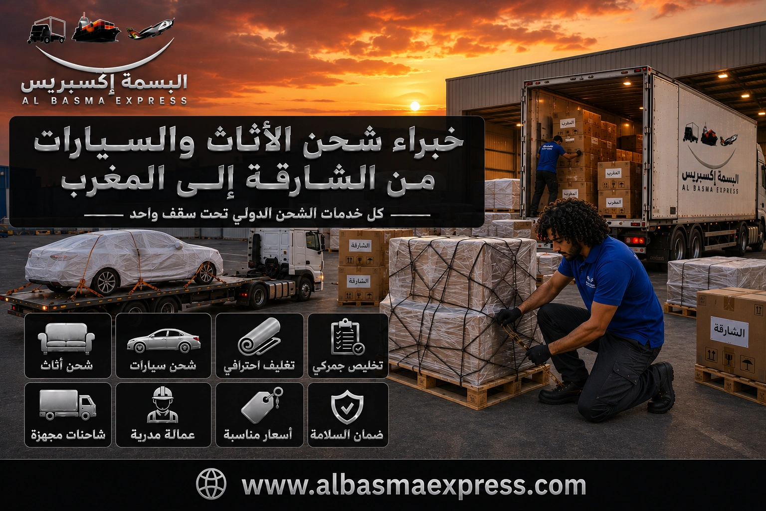 من الشارقة إلى المغرب: 0557643821 شحن الأثاث والسيارات بخطة تحسب كل مرحلة