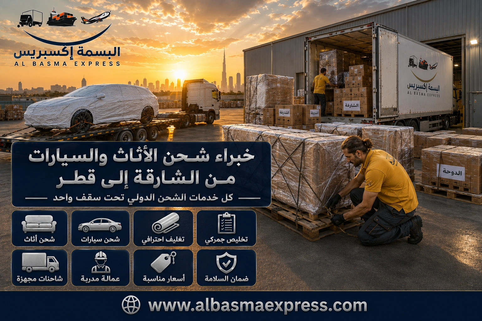 شحن أثاث وسيارات من الشارقة إلى قطر | 0557643821 خطة نقل متكاملة حتى الدوحة ومدن قطر