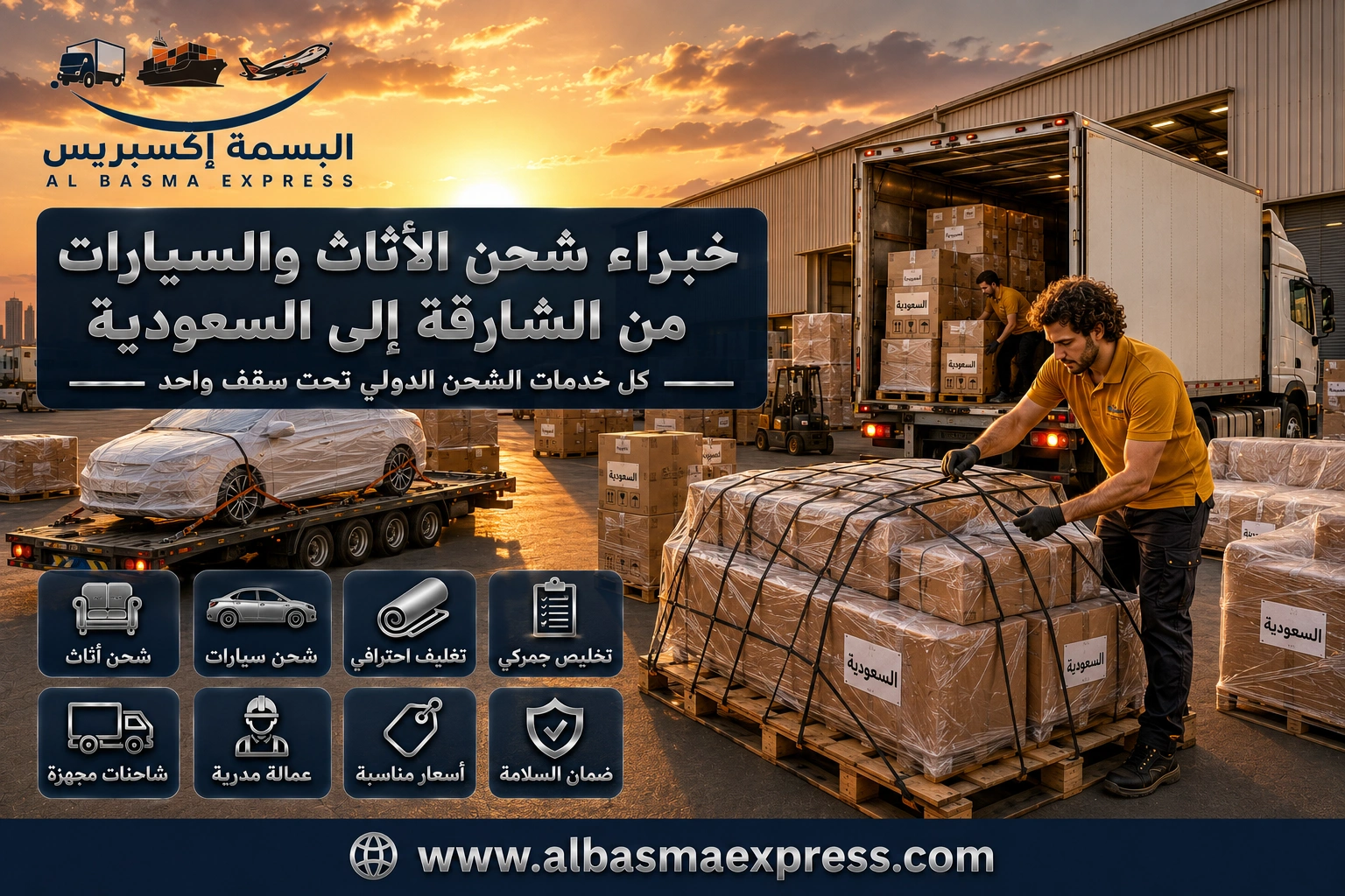 شحن أثاث وسيارات من الشارقة إلى السعودية | 0557643821 نقل بري حتى باب منزلك