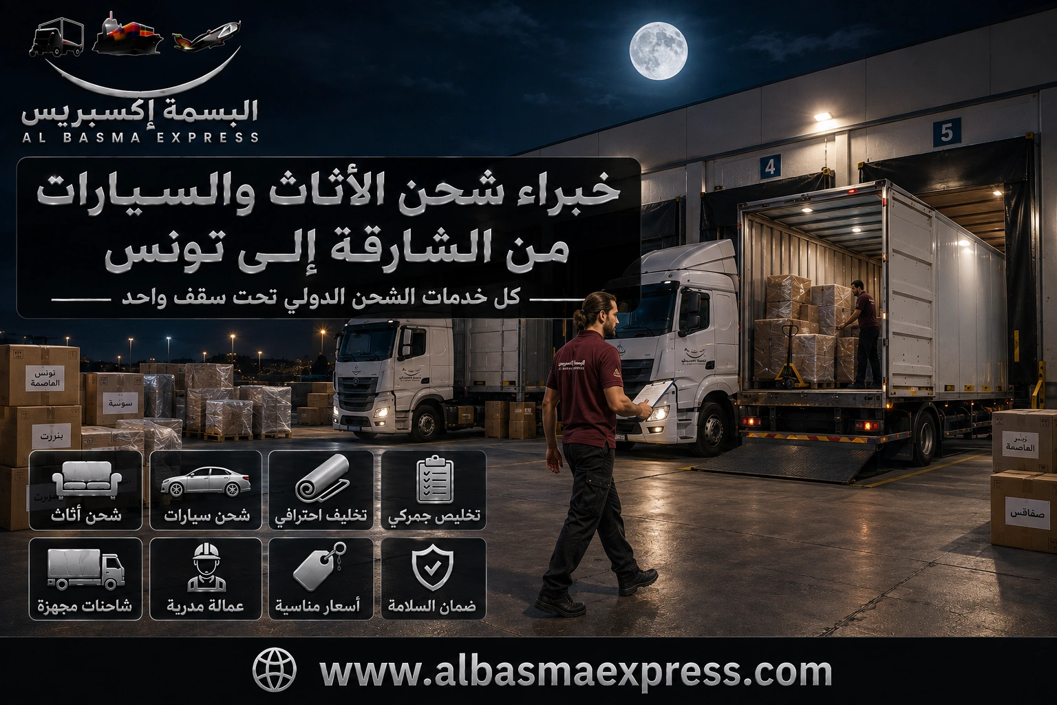 من الشارقة إلى تونس: 0557643821 شحن أثاث وسيارات بخطة تبدأ من الحجم وتنتهي عند بابك