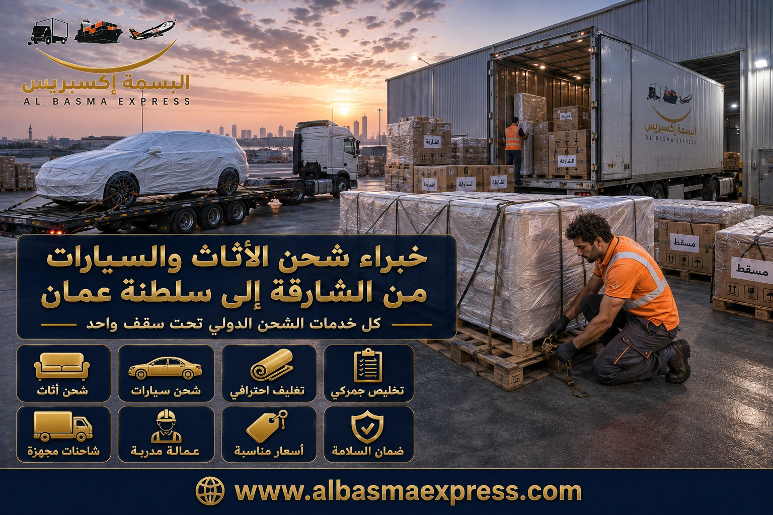 شحن أثاث وسيارات من الشارقة إلى سلطنة عمان | 0557643821 حلول نقل بري للمنزل والسيارة