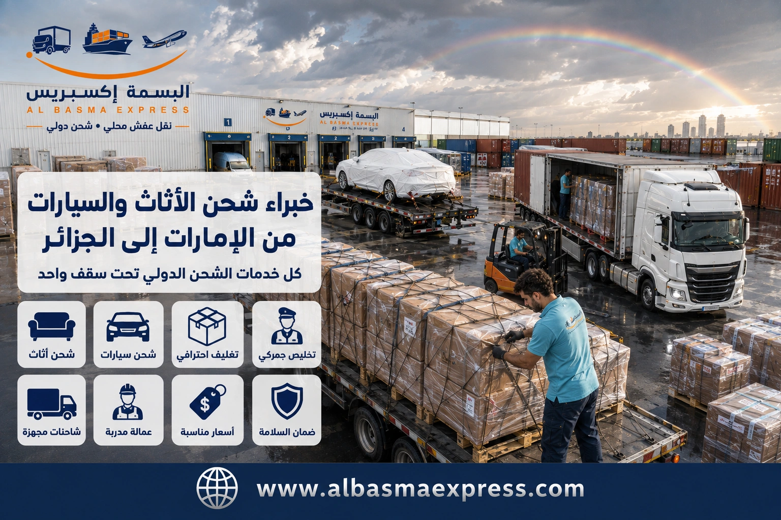 شركة شحن أثاث وسيارات من الإمارات إلى الجزائر: 0557643821 التكلفة وطرق النقل ودليل التجهيز
