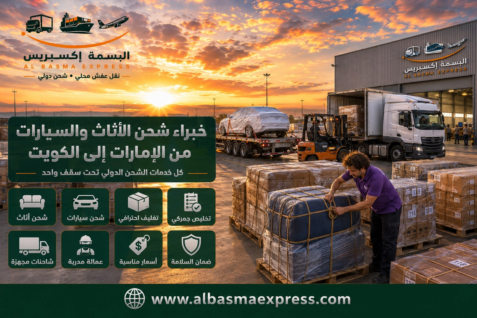 شركة شحن أثاث وسيارات من الإمارات إلى الكويت: 0557643821 دليل الأسعار والمدة قبل الحجز
