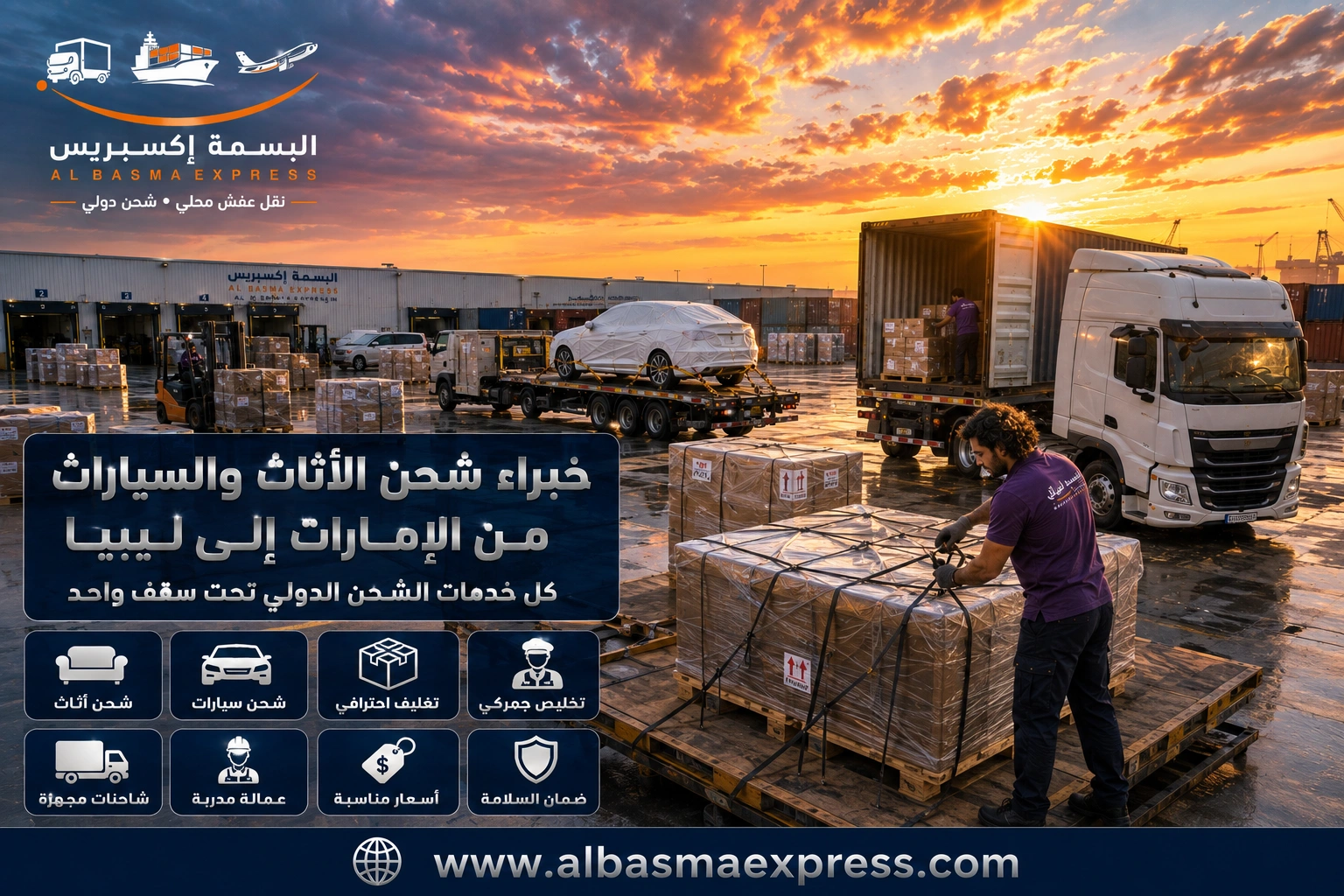 شركة شحن أثاث وسيارات من الإمارات لليبيا: 0557643821 الأسعار والشحن البحري