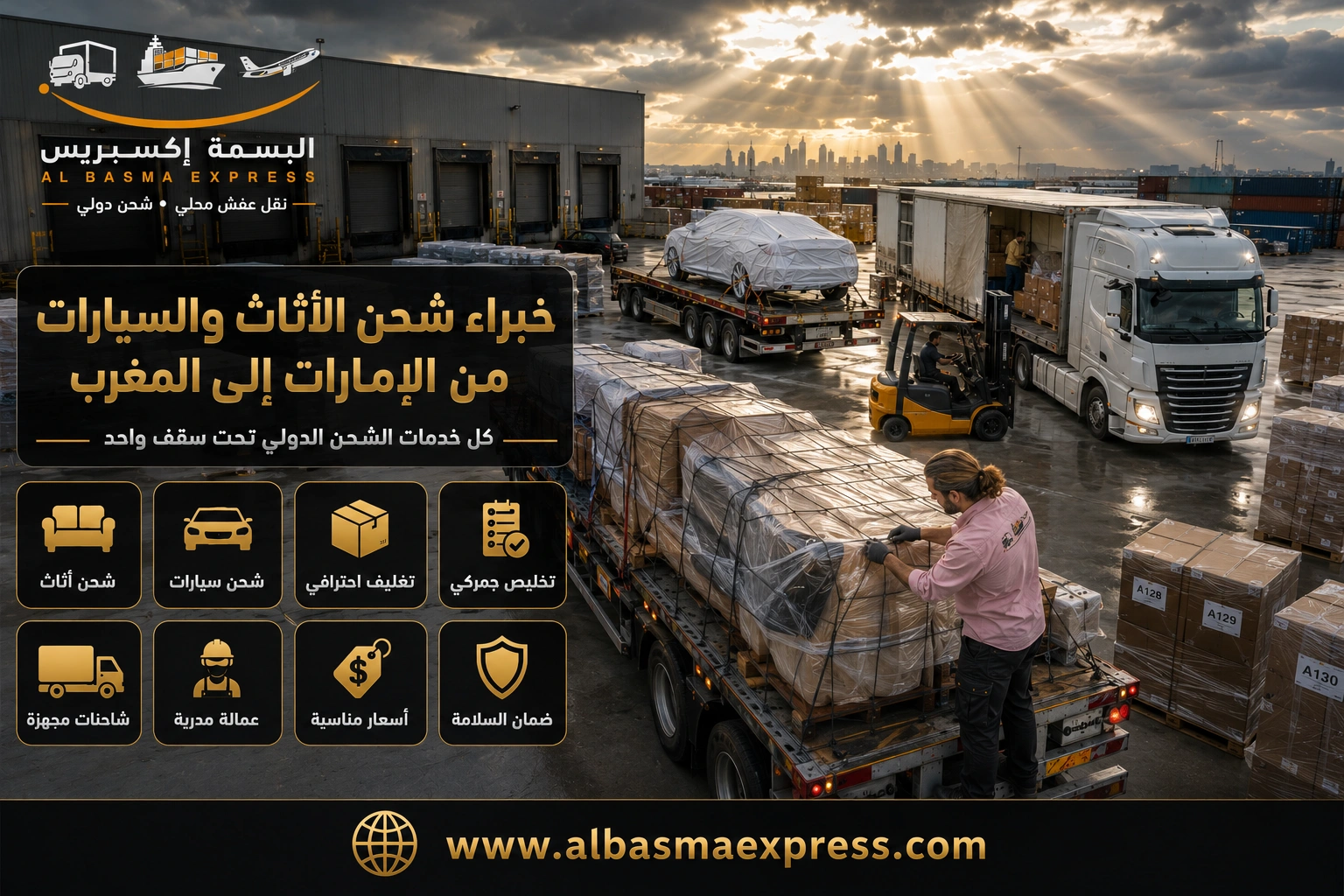 شركة شحن أثاث وسيارات من الإمارات إلى المغرب: 0557643821 الأسعار والمدة وطرق الشحن المناسبة