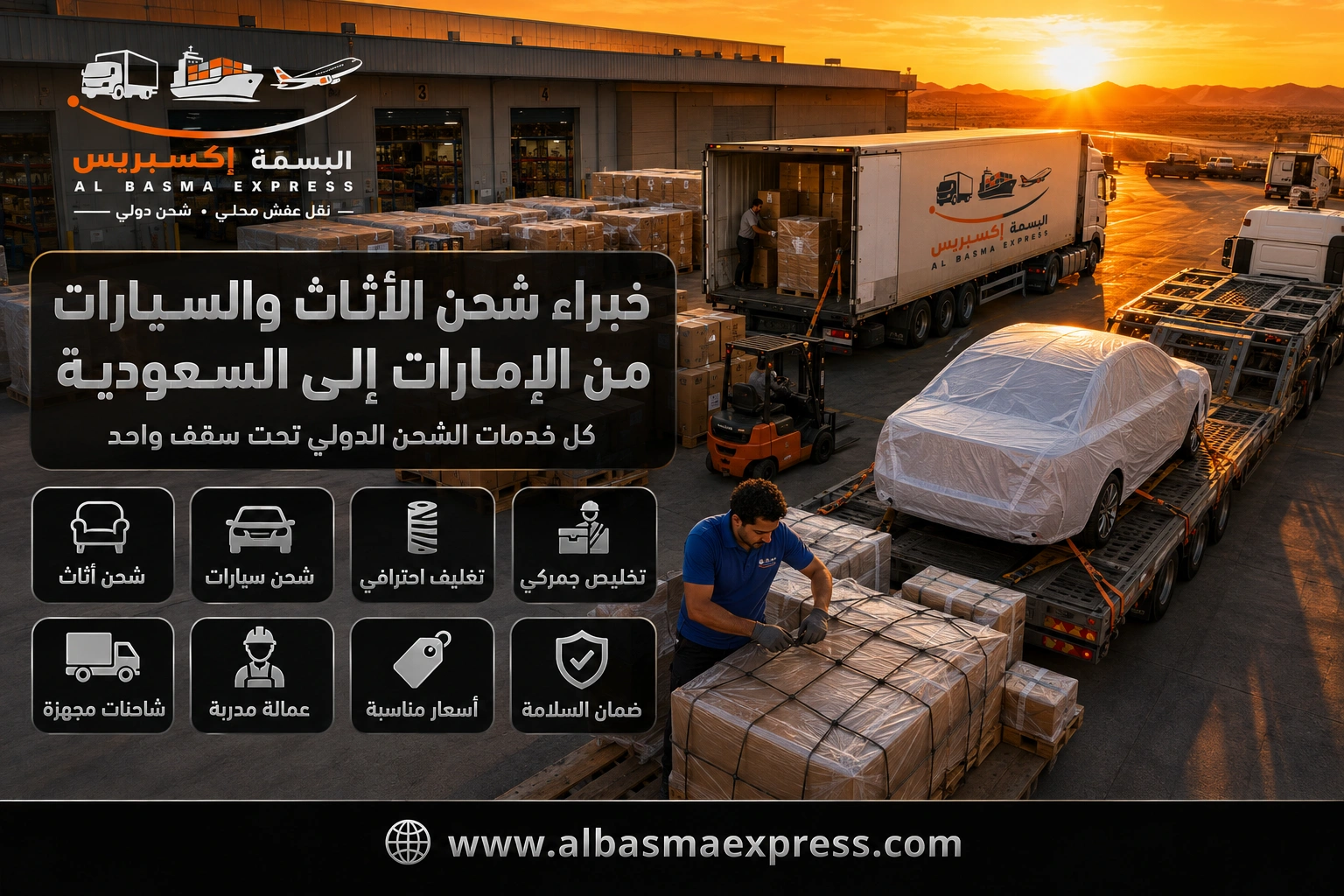 شحن أثاث وسيارات من الإمارات إلى السعودية: 0557643821 خطة برية ذكية من الباب إلى الباب