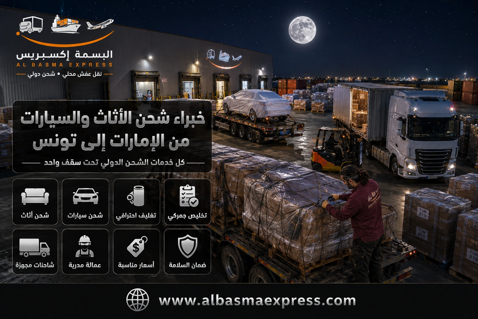 شركة شحن أثاث وسيارات من الإمارات لتونس | 0557643821 بحري وجوي وتوصيل شامل