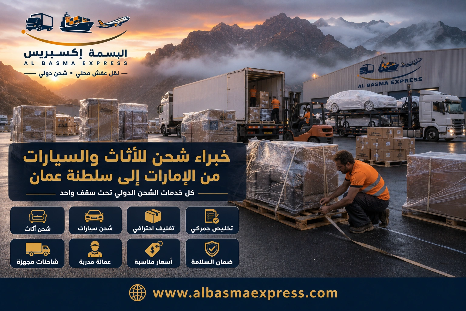 شحن أثاث وسيارات من الإمارات إلى سلطنة عمان: 0557643821 التكلفة والمدة والمنافذ وخيارات النقل