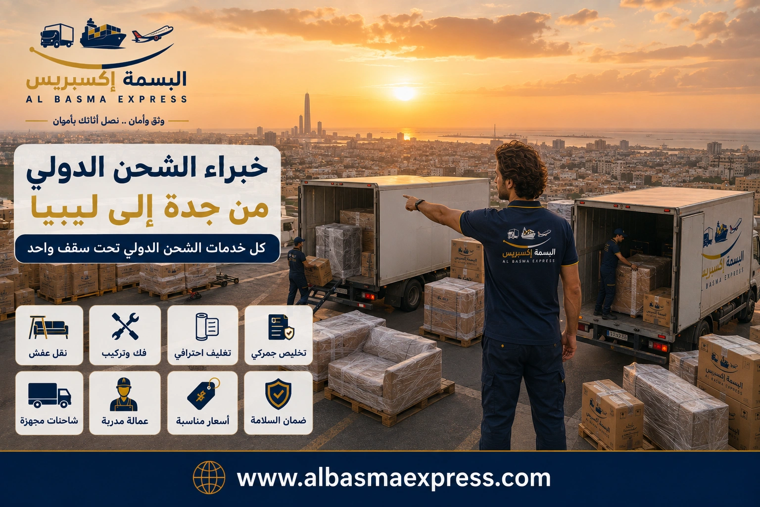 نقل وشحن العفش من جدة إلى ليبيا | 0553923364 خدمة مرتبة حتى عنوان المستلم