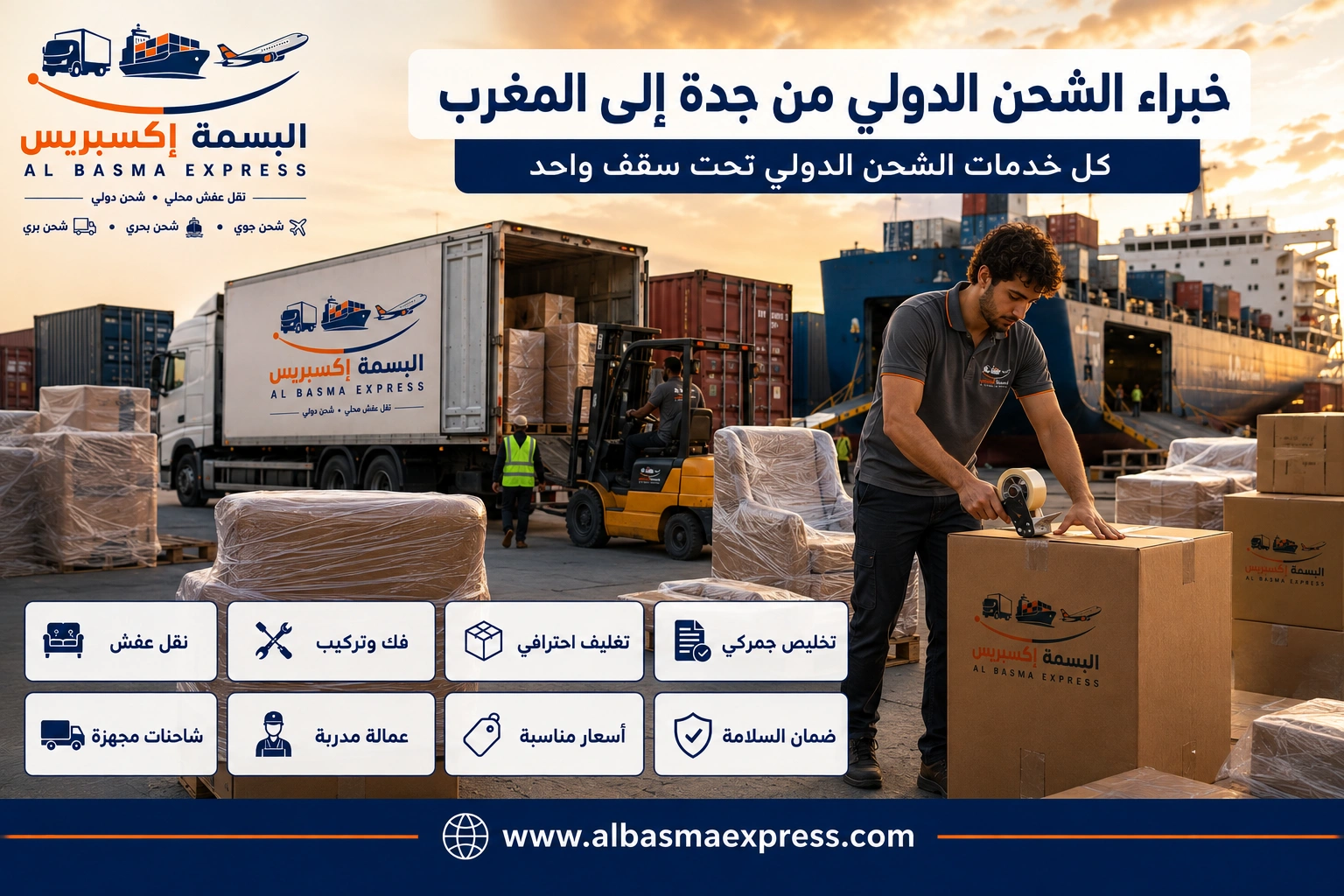 شحن ونقل عفش من جدة إلى المغرب: 0553923364 خطوات آمنة من التغليف حتى التسليم