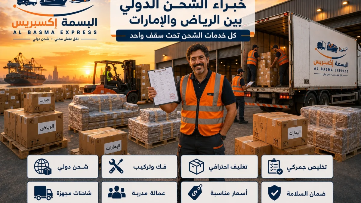 شركة شحن ونقل عفش من الرياض للإمارات البسمة إكسبريس — تتبع GBS وتخليص جمركي سريع