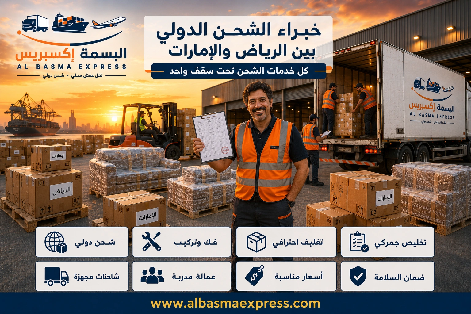 شركة شحن ونقل عفش من الرياض للإمارات | 0553923364 البسمة إكسبريس — تتبع GBS وتخليص جمركي سريع