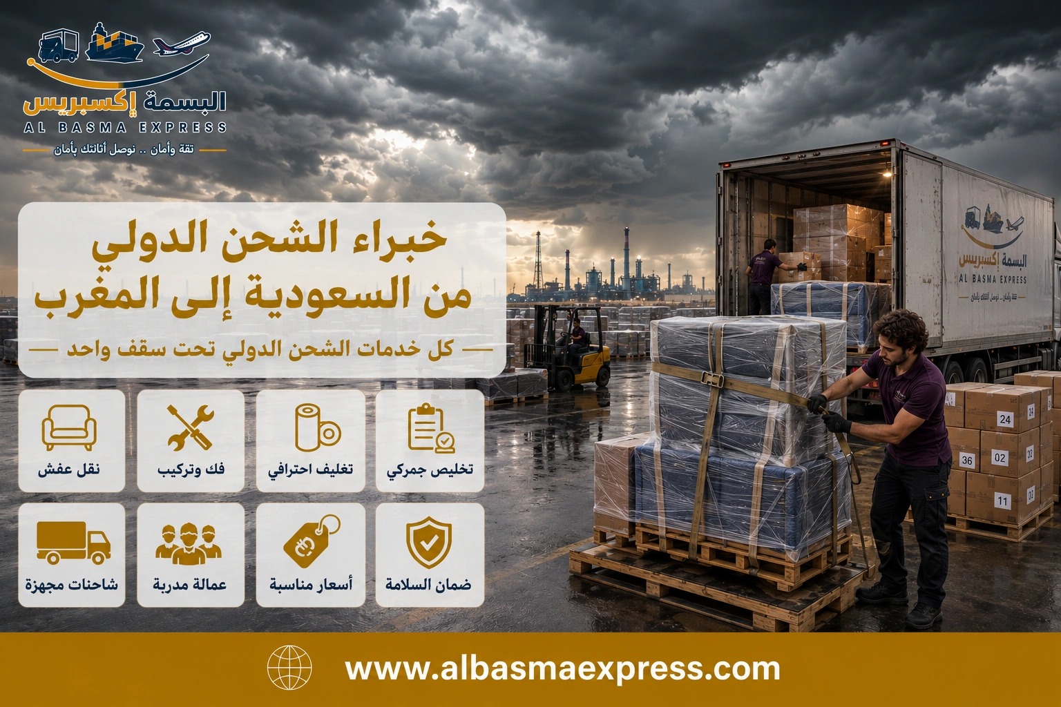شحن من السعودية إلى المغرب: 0553923364 كيف تدير رحلة الأثاث من بابك حتى المدينة المغربية؟