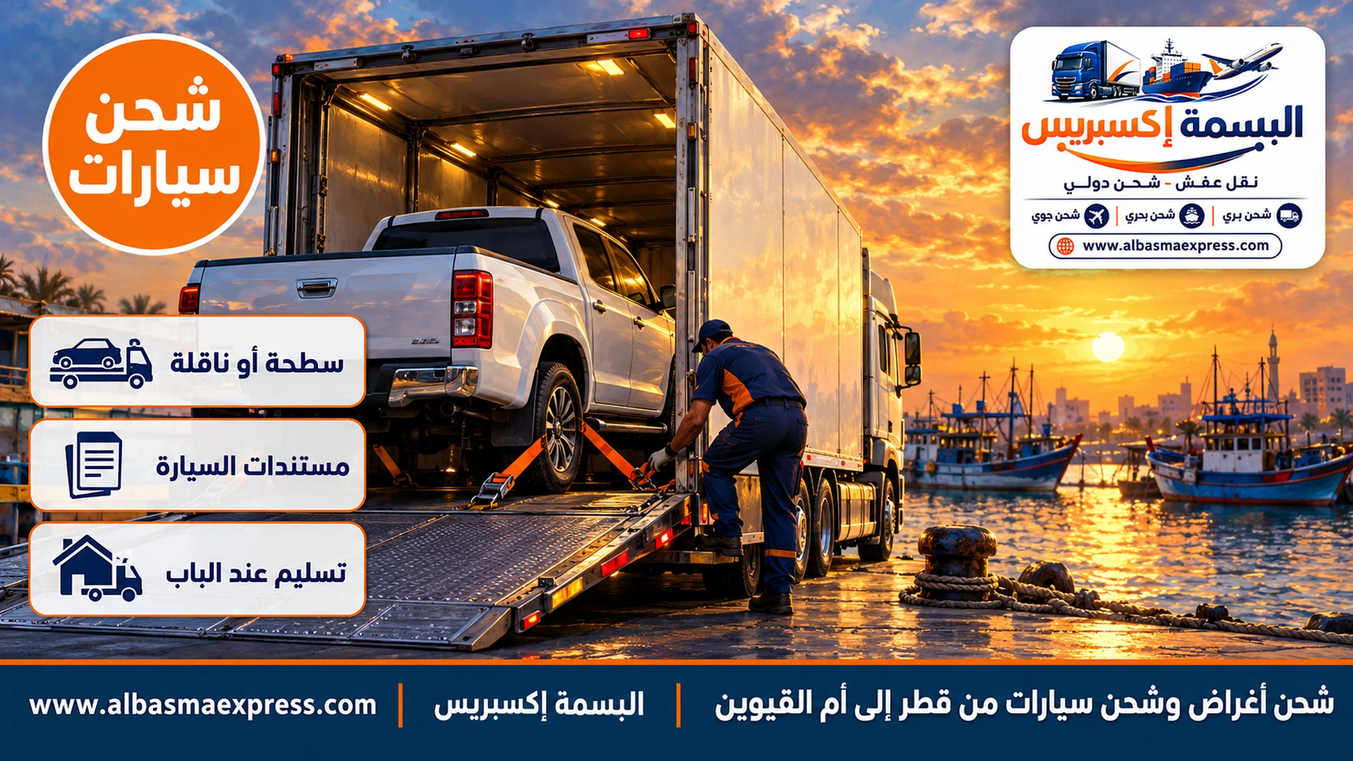 سيارة بيك أب بيضاء على سطحة مغلقة قرب رصيف بحري صغير عند الغروب قبل تسليمها في أم القيوين