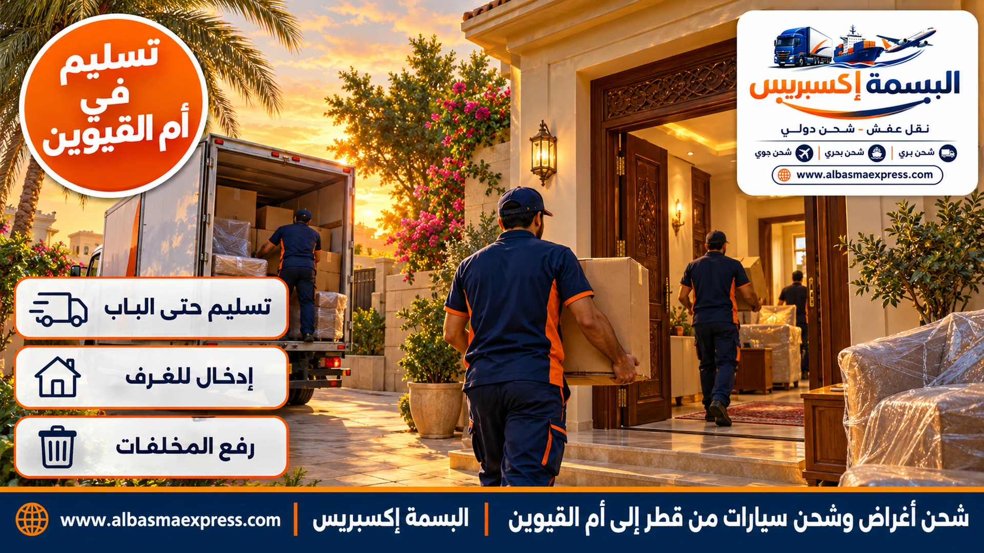 عامل يحمل كرتوناً إلى داخل بيت عائلي من طابق واحد بفناء في أم القيوين