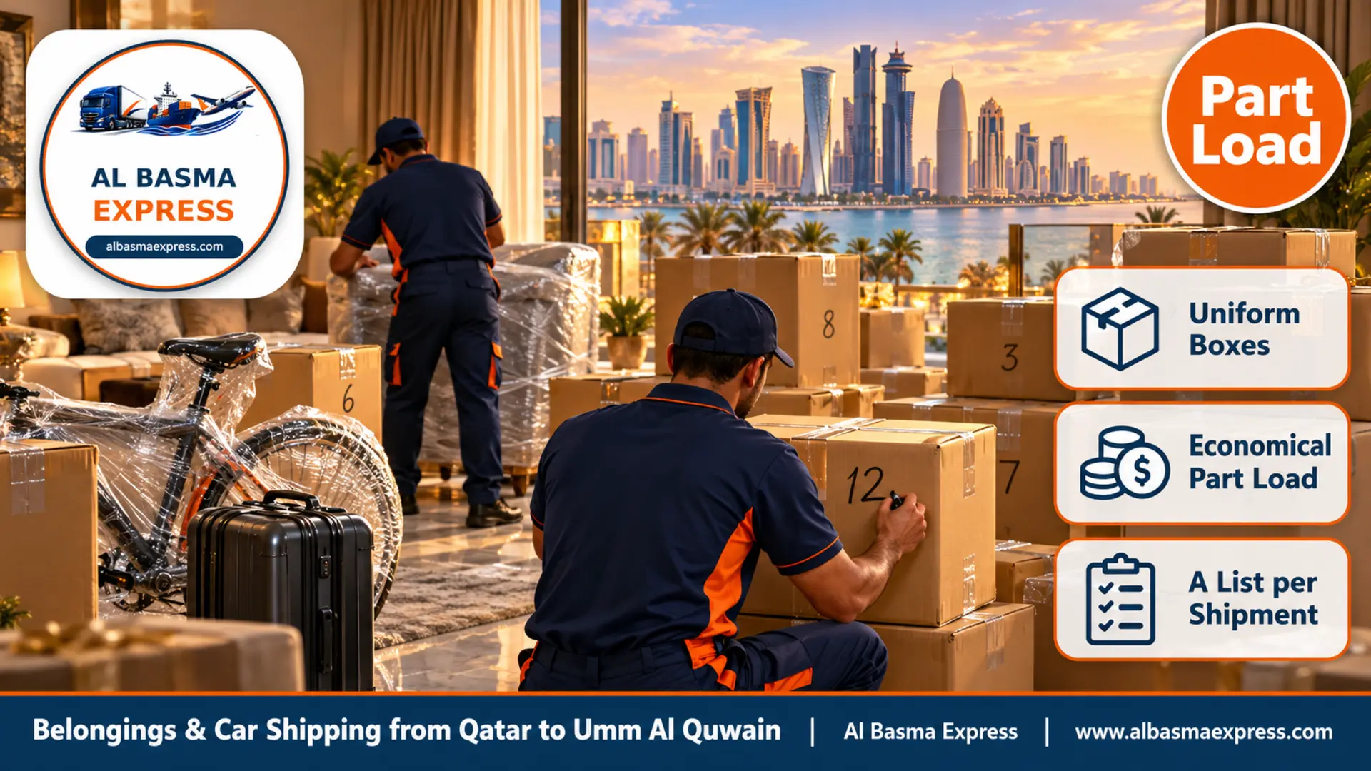 Uniform sealed and numbered boxes, a suitcase and a film-wrapped bicycle in a furnished apartment in Qatar before a part-load shipment to Umm Al Quwain