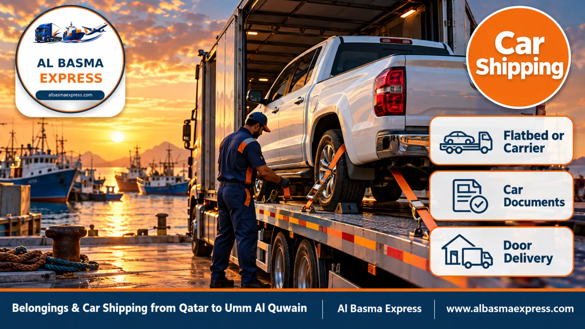 A white pickup on an enclosed flatbed near a small harbour at sunset before delivery in Umm Al Quwain