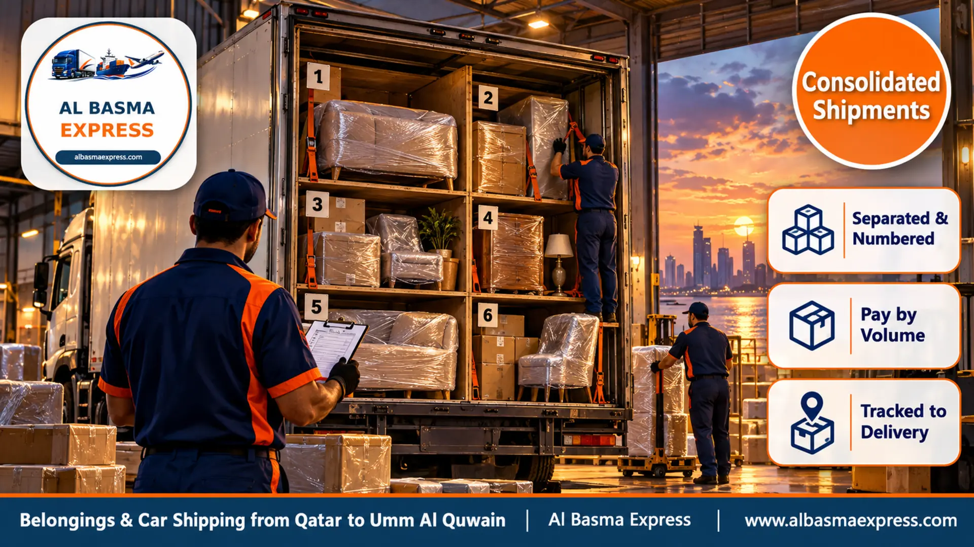 A closed truck at a loading dock in the evening showing separate numbered shipments divided by partitions inside