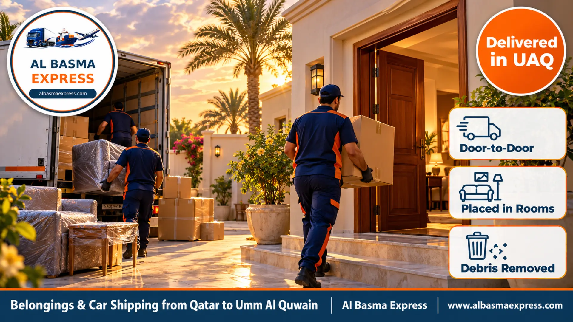 A worker carrying a box into a single-storey family house with a courtyard in Umm Al Quwain