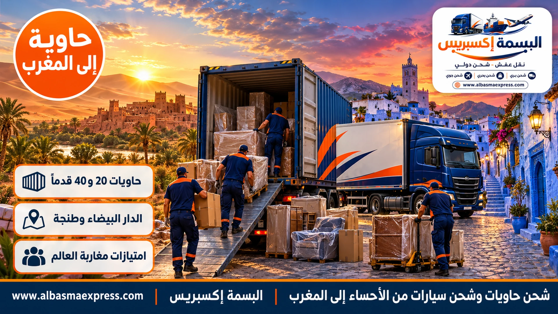 شحن حاويات وشحن سيارات من الأحساء إلى المغرب: حاوية بالحجم الصحيح تُختم عند بابك حتى الدار البيضاء وطنجة