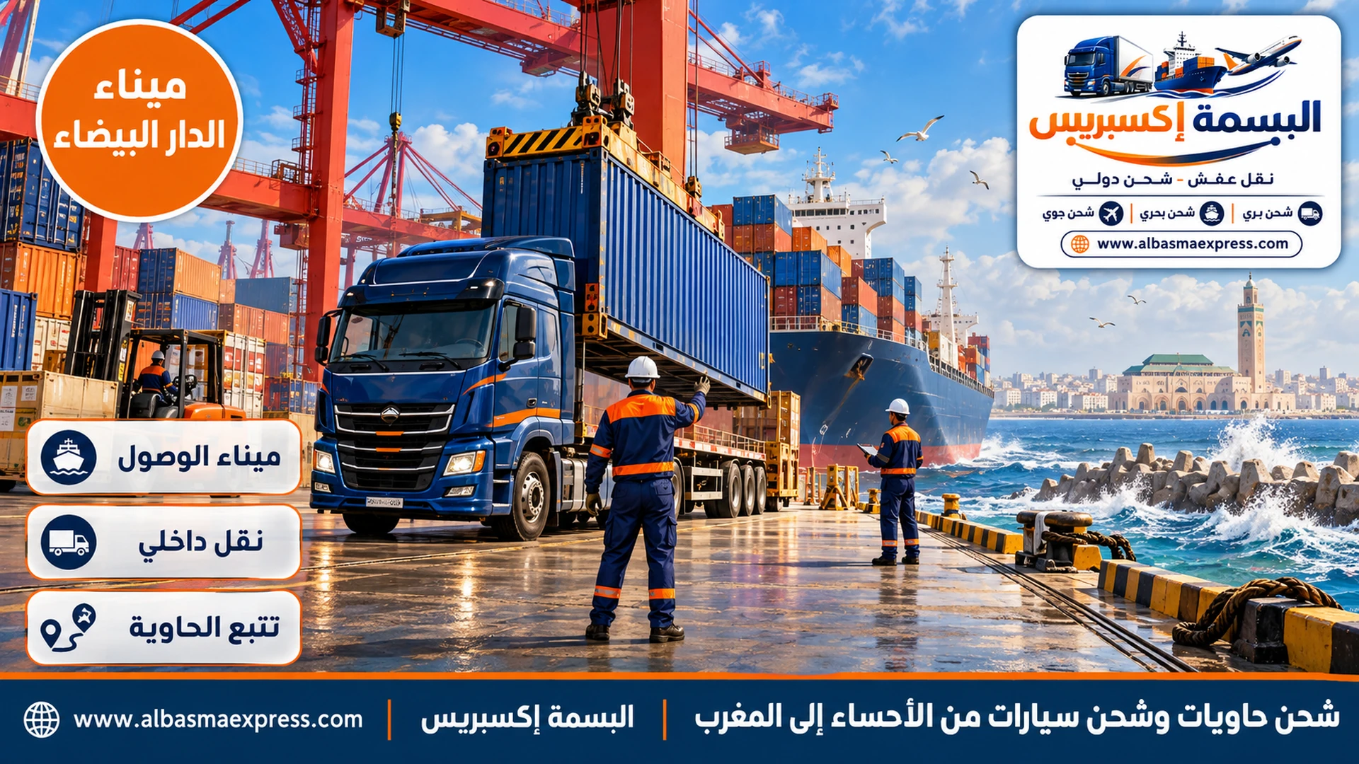 ميناء أطلسي واسع برافعات حمراء وحاويات مرصوصة وأمواج المحيط خلف حاجز الأمواج وشاحنة كحلية تستلم حاوية