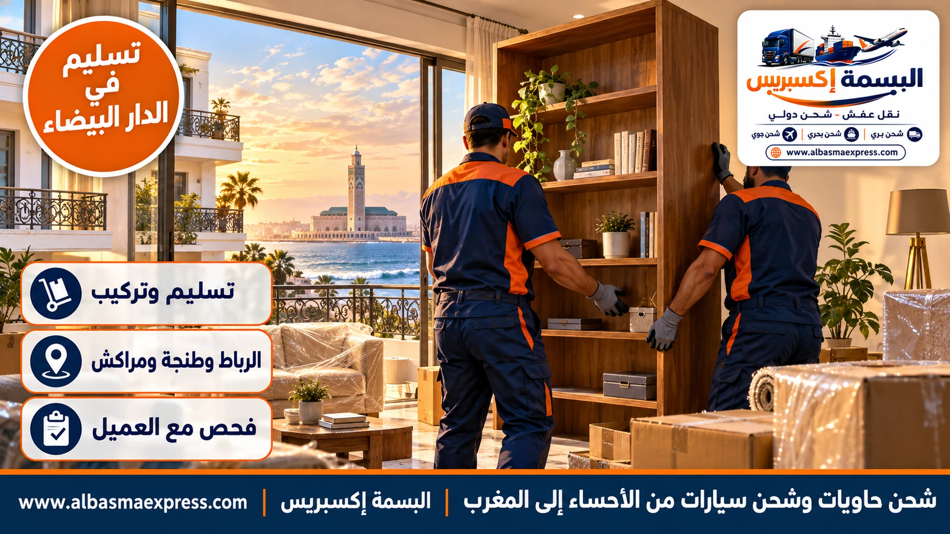 عاملان يركبان مكتبة في شقة حديثة بعمارة بيضاء بشرفات حديدية مزخرفة في الدار البيضاء والمحيط الأطلسي يظهر من النافذة