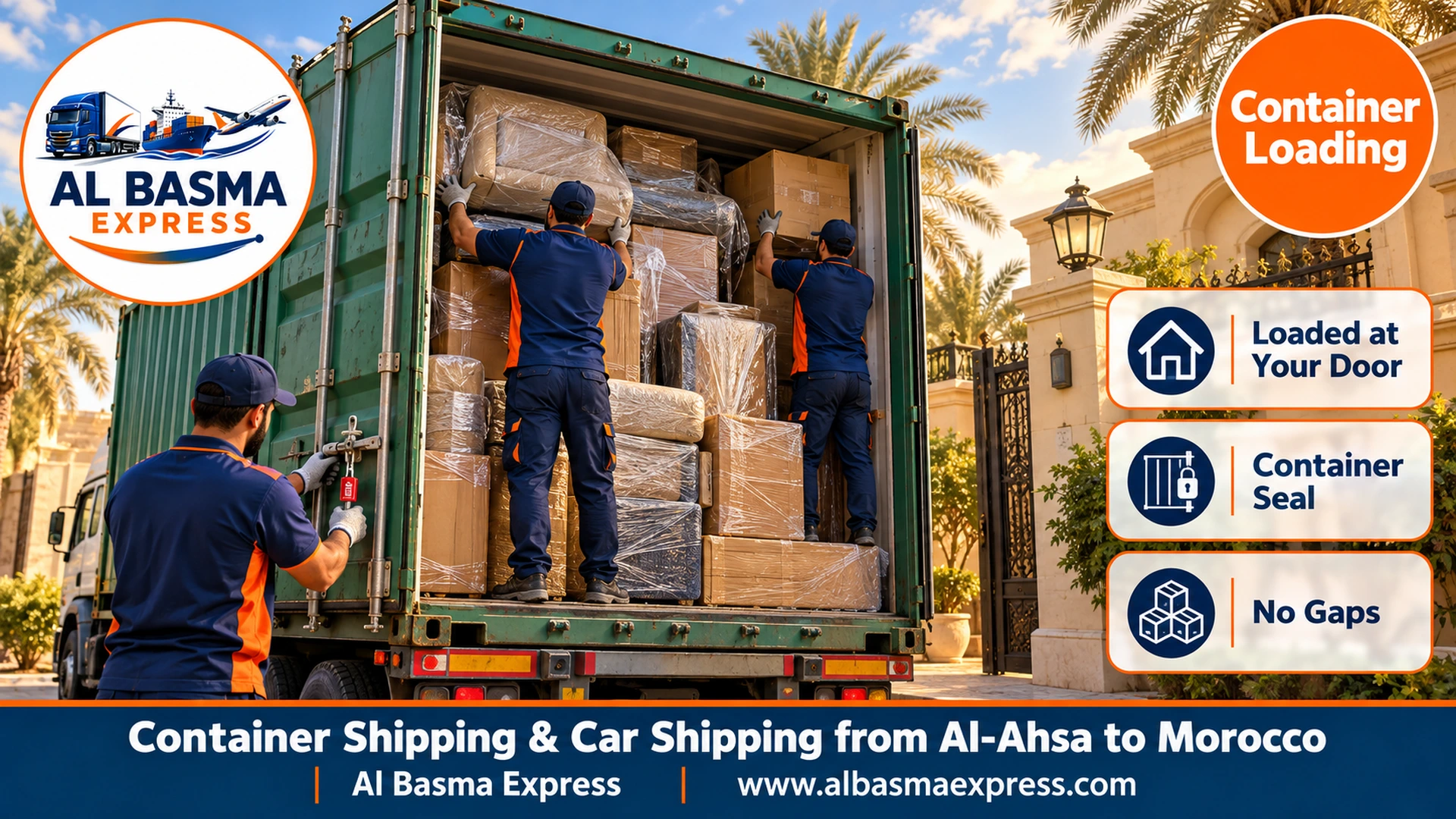 An open green 20ft container outside a walled home in Al-Ahsa with two workers stacking boxes and wrapped furniture up to the ceiling and a third holding the metal container seal